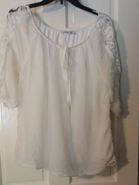 Nicole Off White Peasant Boho Top with Lace  Sleeve Detail And Sheer Overlay